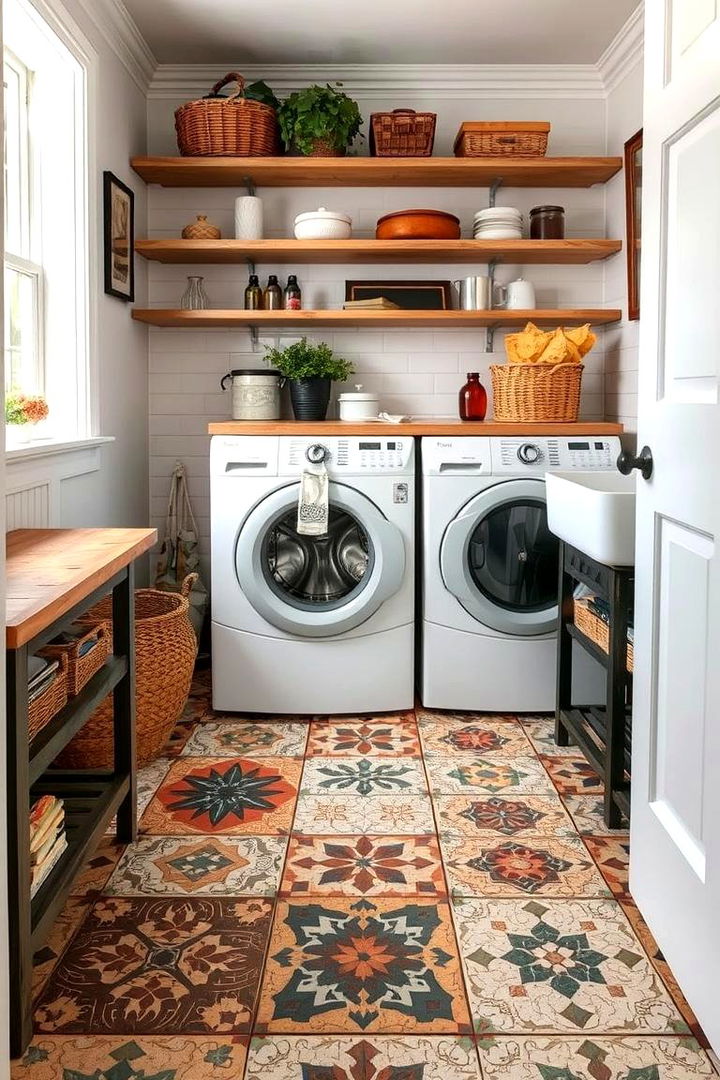 Mixed Pattern Floor Tiles - 22 Farmhouse Laundry Room Ideas