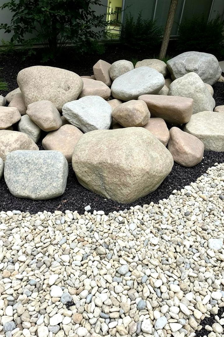 Mixed Textures Combining Smooth Rocks and Coarse Mulch - 22 Front Yard Landscaping Ideas With Rocks and Mulch