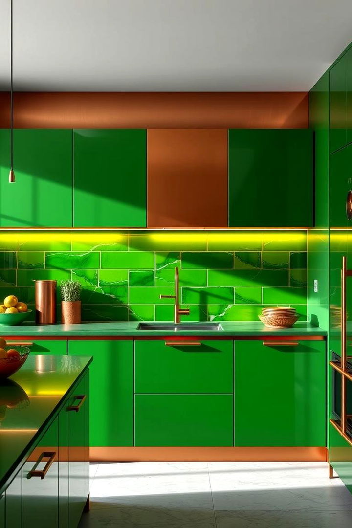 Mixing Finishes and Textures - 22 Green and Copper Kitchen Ideas