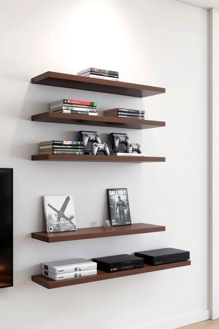 Modern Floating Shelves for Accessories - 22 Boys Gaming Bedroom Ideas