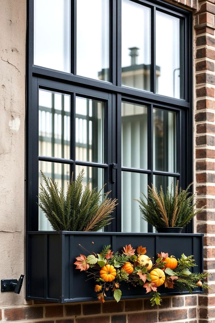 Modern Industrial Window Boxes with Fall Elements - 22 Fall Window Box Ideas