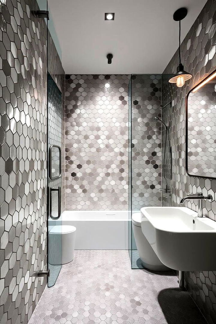 Modern Metallic Highlights - 22 Hexagon Tiles Ideas for Bathrooms
