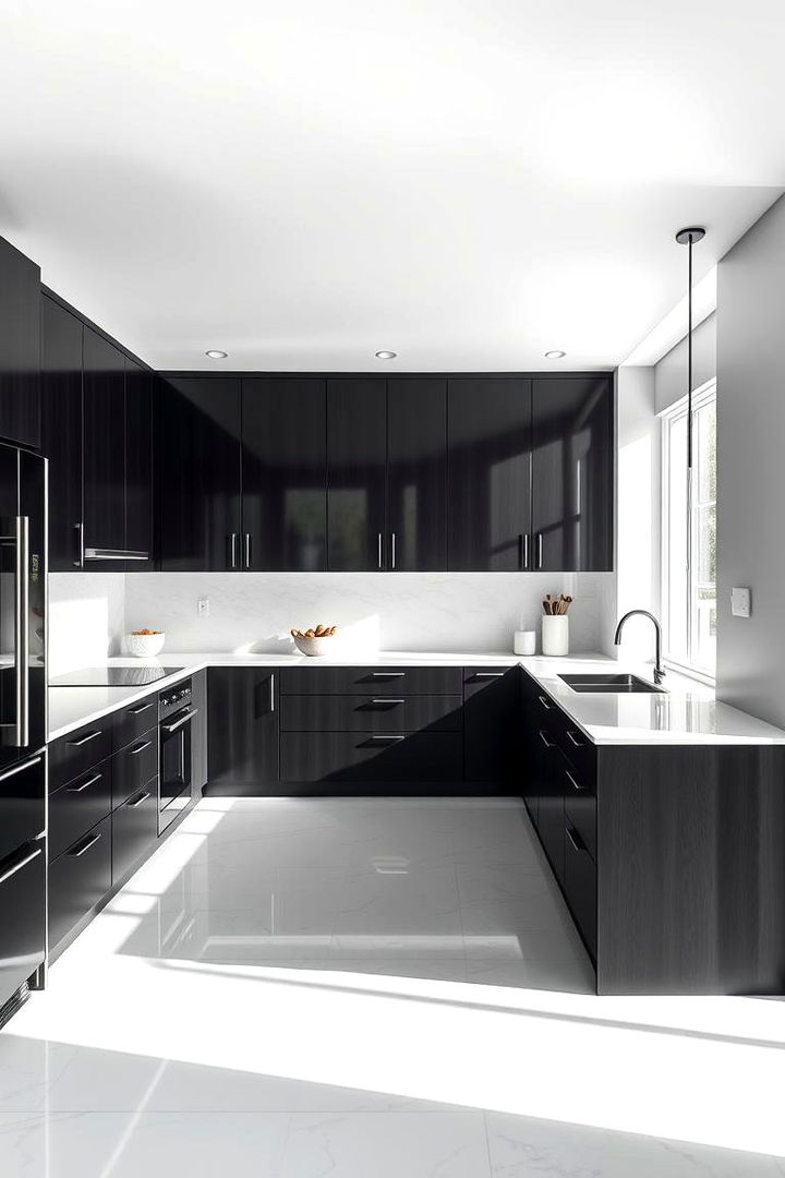 Modern Minimalist Design Excellence - 22 Black Kitchen Cabinets With White Countertops