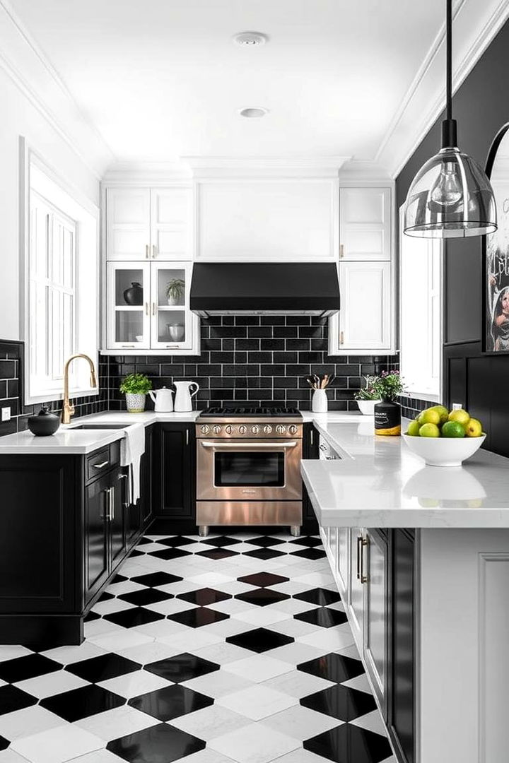 Monochrome Black and White Checkered Floors - 22 Black Floor Kitchen Ideas