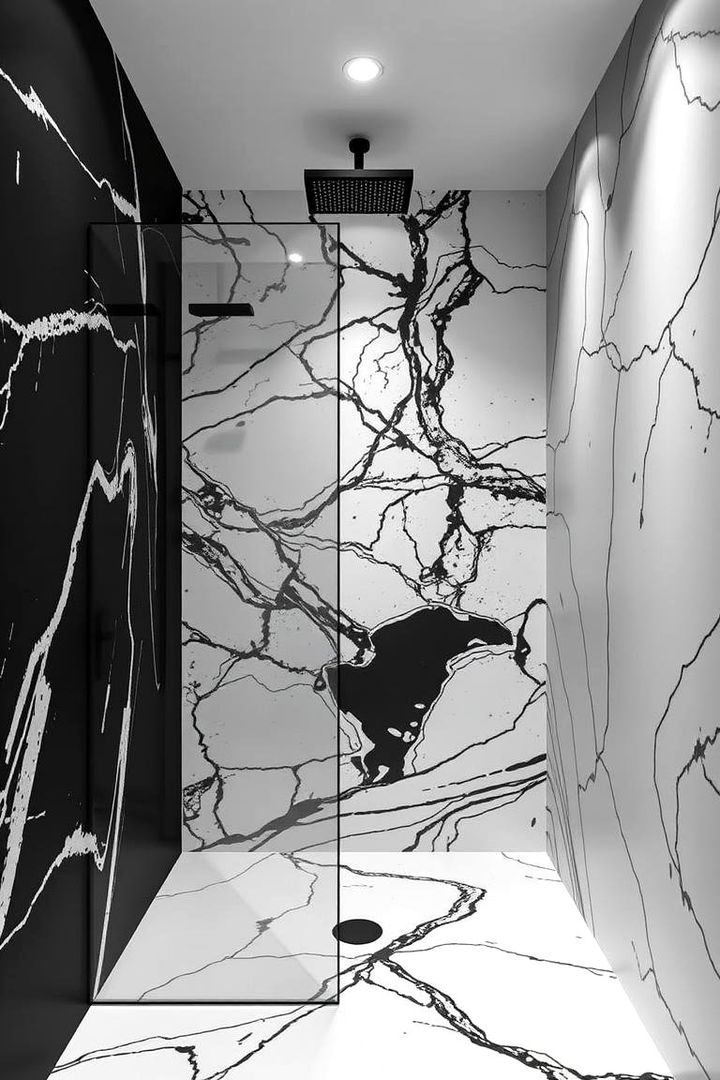 Monochrome Drama - 22 Doorless Walk In Shower Ideas