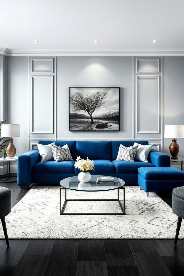 Monochrome Magic - 22 Blue Couch Living Room Ideas