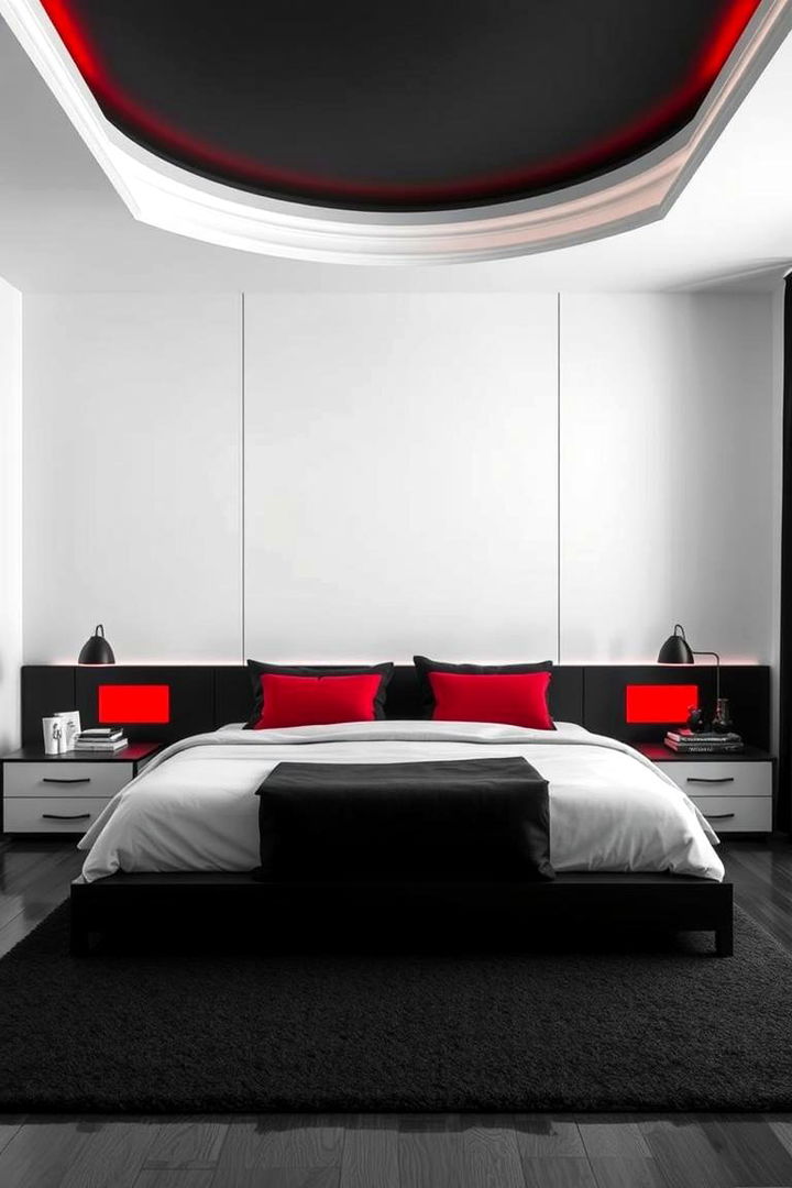 Monochrome Mix with Red Highlights - 22 red black and white bedroom ideas