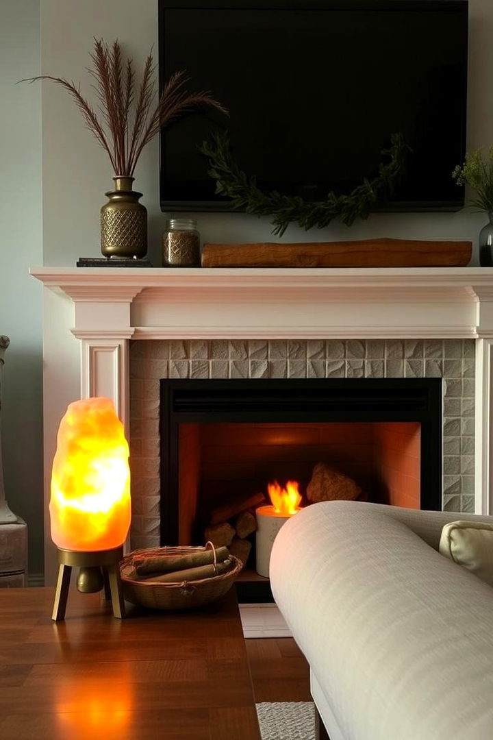Mood setting Salt Lamp Glow - 22 Fireplace Mantel Lighting Ideas