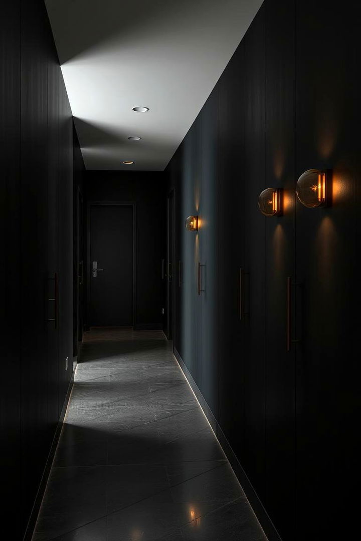 Moody Black with Metallic Accents - 22 Black Hallway Ideas