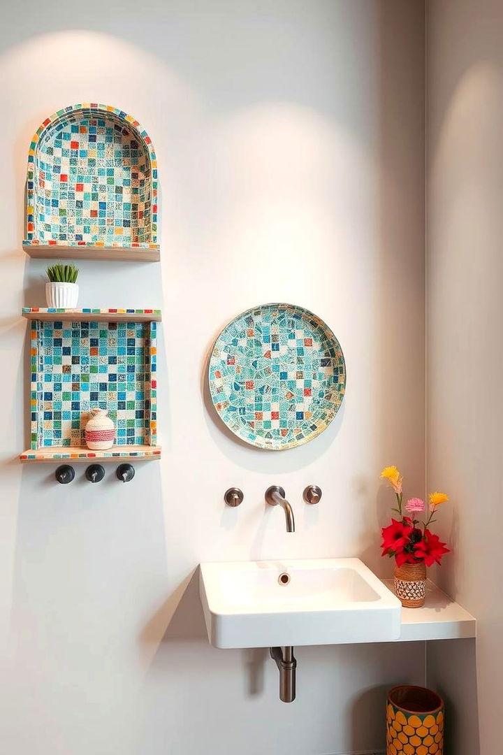 Mosaic Tile Shelves for Artistic Accents - 22 Small Bathroom Shelving Ideas