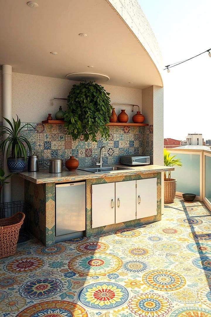 Mosaic and Tiled Flooring Designs - 22 Rooftop Kitchen Ideas
