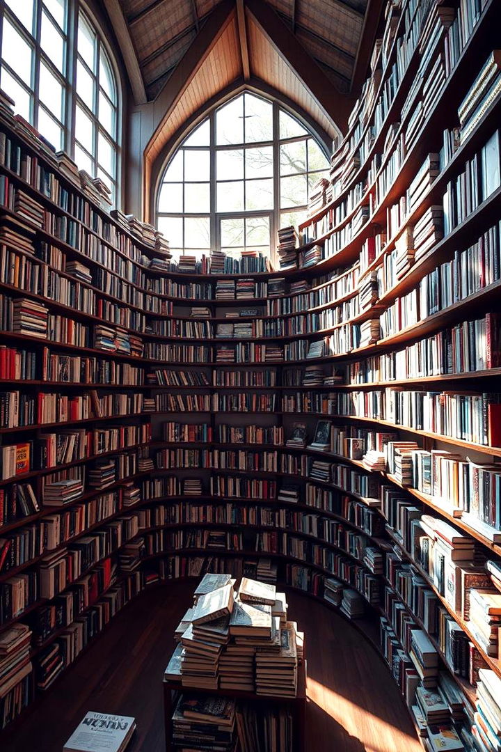 Multi Level Book Display Surrounding Sunlit Windows - 22 Bookcases Around Window Design Ideas