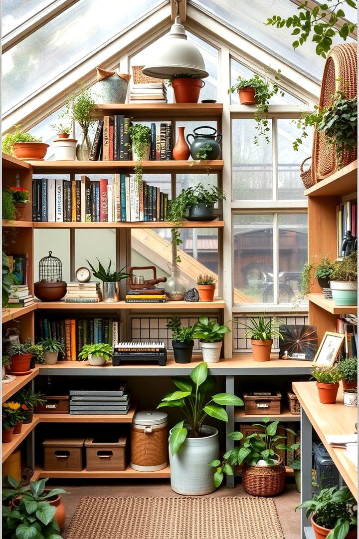 Multi Tier Bookshelf Style Shelves for Mixed Storage - 22 Greenhouse Shelving Ideas