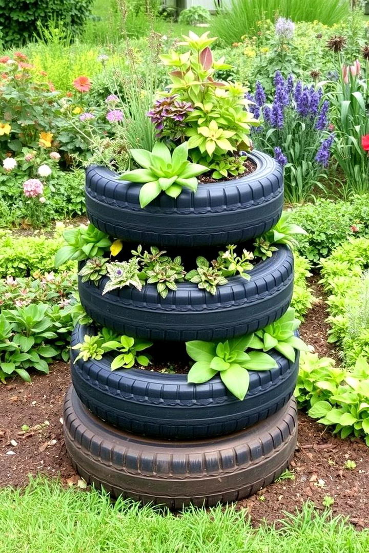 Multi Tiered Tyre Planter Designs - 22 Recycled Tyre Garden Art Ideas