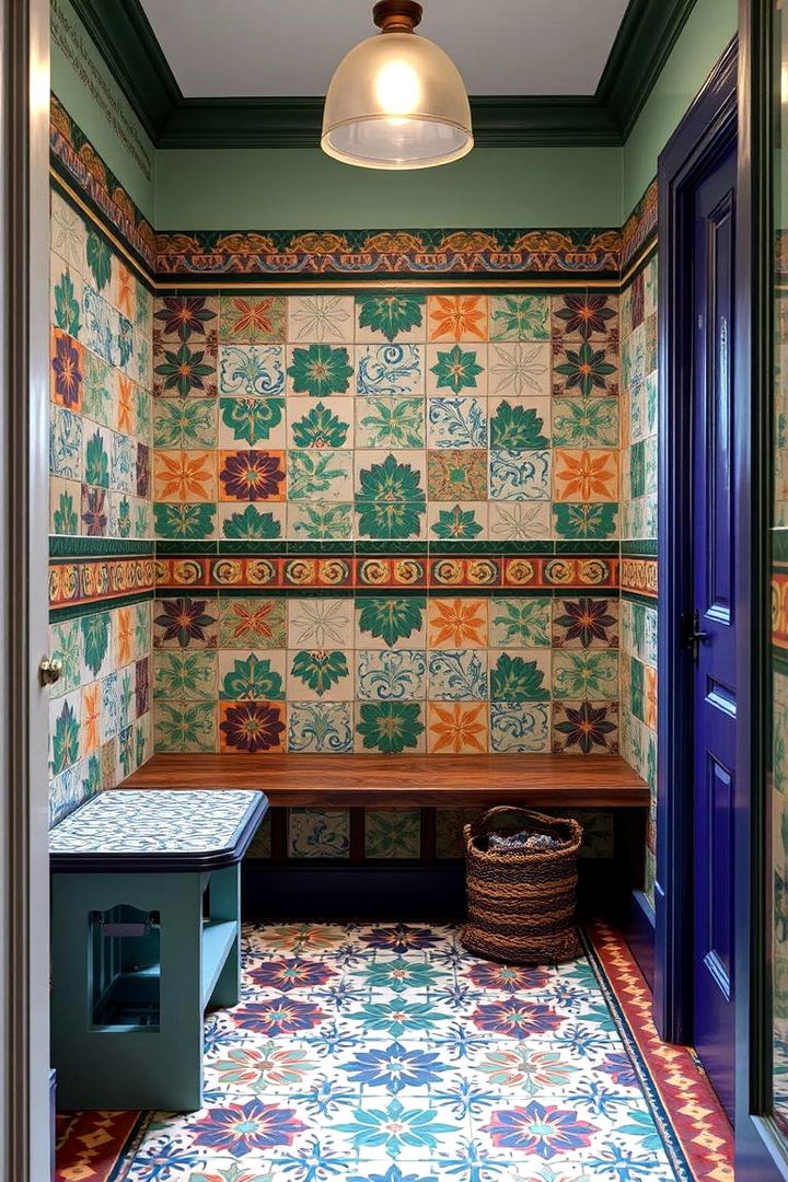 Multi colored Encaustic Tiles for Energetic Expression - 22 Mudroom Tile Floor Ideas