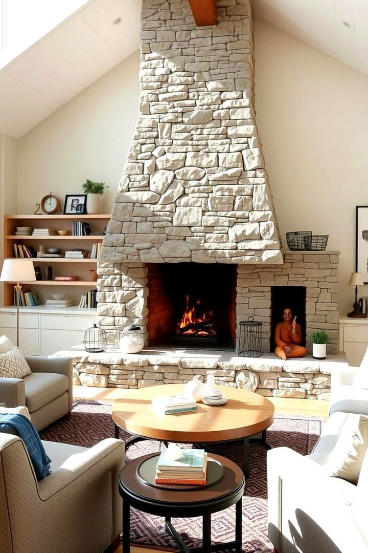 Multifunctional Focal Point - 22 Floor-to-Ceiling Stone Fireplace Ideas