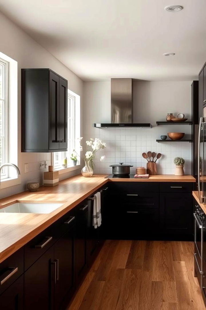 Natural Materials Fusion - 22 Kitchen With Black Cabinets And Wood Countertops Ideas