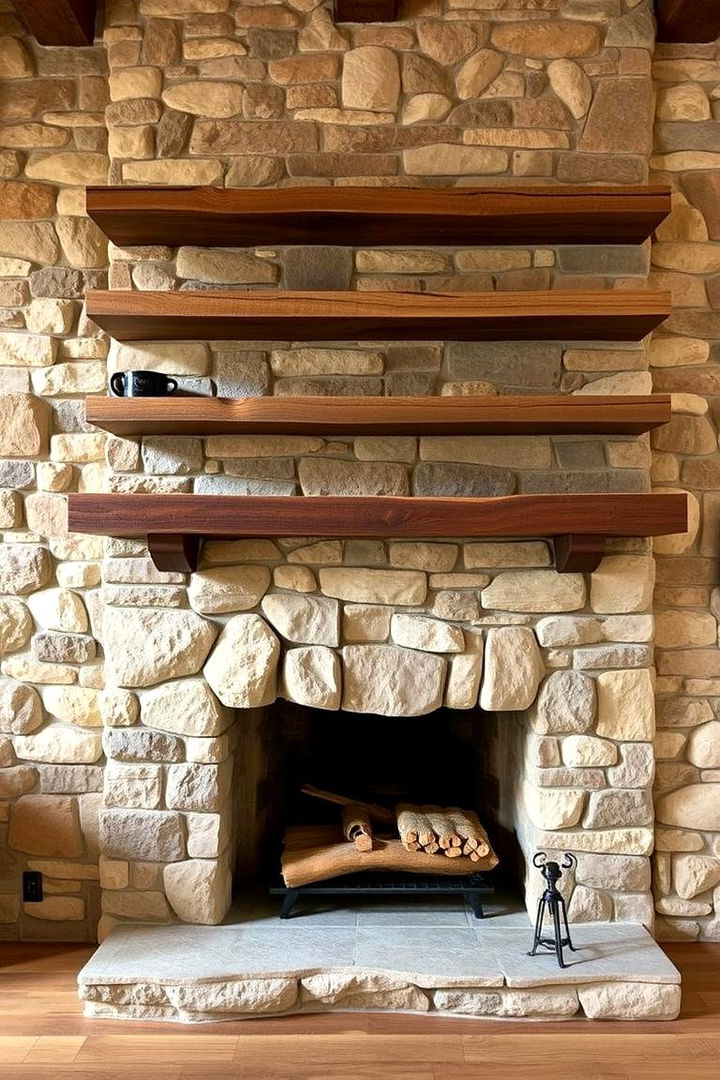 Natural Stone Accents - 22 Fireplace Floating Shelves Design Ideas