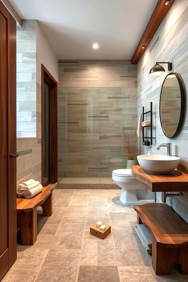 Natural Tile Fusion and Wooden Accents - 22 Log Cabin Bathroom Ideas