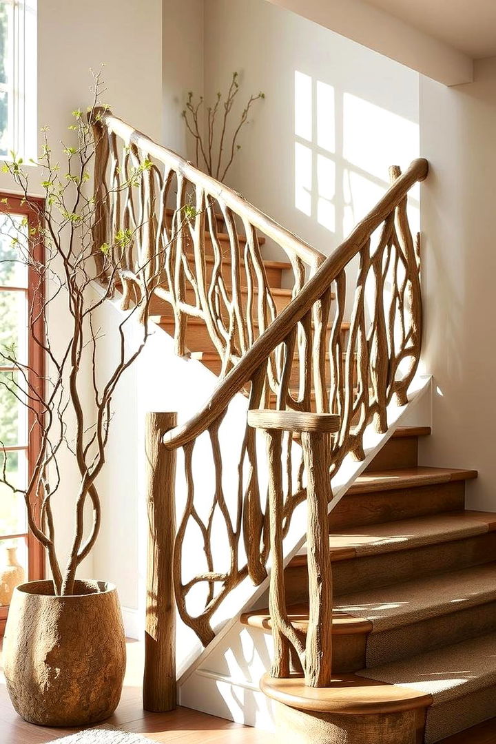 Natural Tree Branch Elements - 22 Farmhouse Rustic Stair Railing Ideas