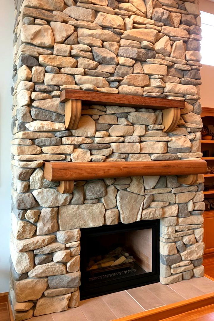 Natural Wood Accent Integration - 22 Stacked Stone Fireplace Ideas