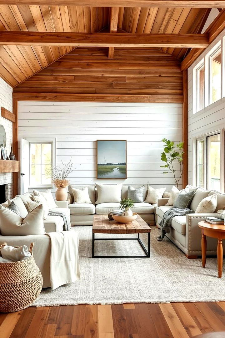 Natural Wood Textures with Shiplap - 22 Shiplap Living Room Ideas