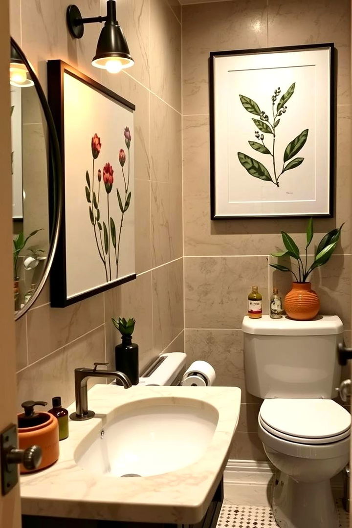 Nature Inspired Artwork Olive Accents with Character - 22 Olive Green Bathroom Ideas