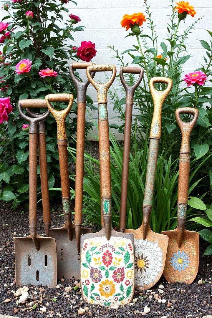 Nostalgic Mosaic Garden Tools Display - 22 Mosaic Garden Ideas