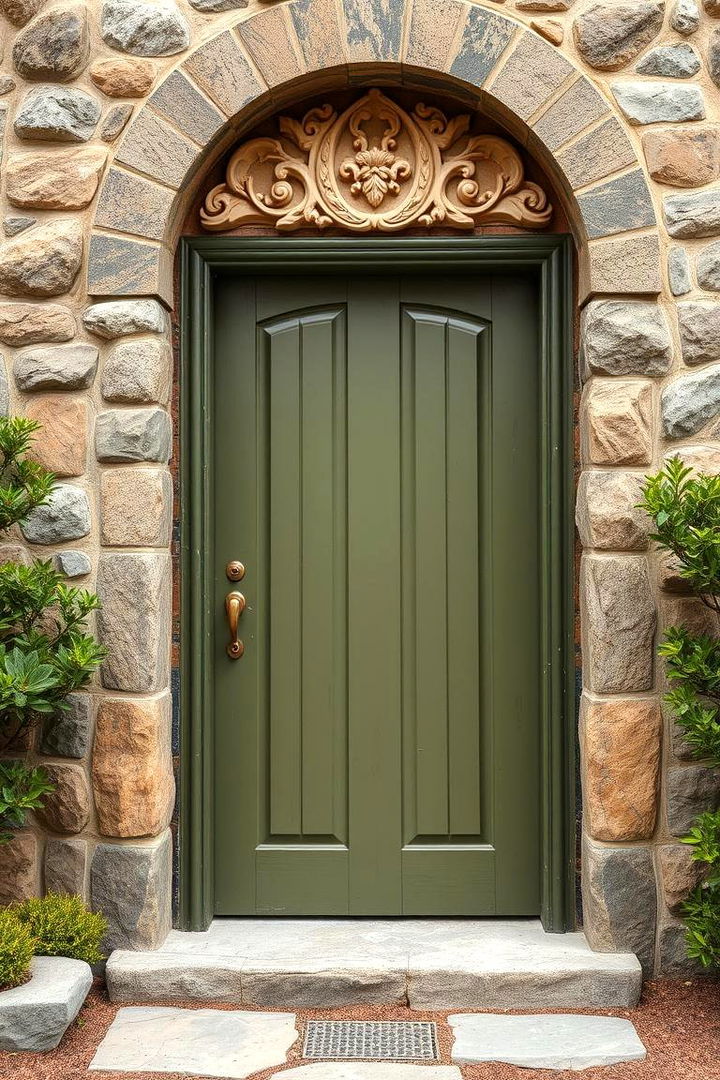 Olive Green with Natural Stone Details - 22 Olive Green Front Door Ideas
