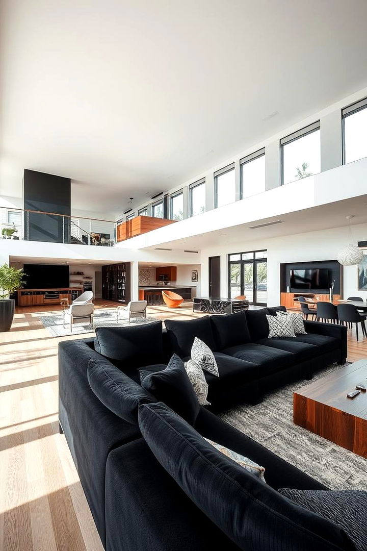 Open Concept Living with a Spacious Black Sofa - 22 Black Couch Living Room Ideas