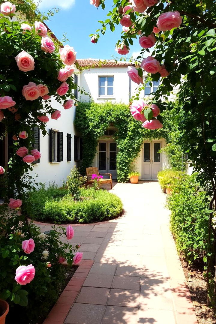 Open Courtyard with Climbing Roses - 22 Cottagecore House Exterior Ideas
