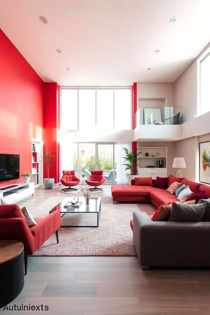 Open Plan Harmony with Bold Colors - 22 Red and Grey Living Room Ideas