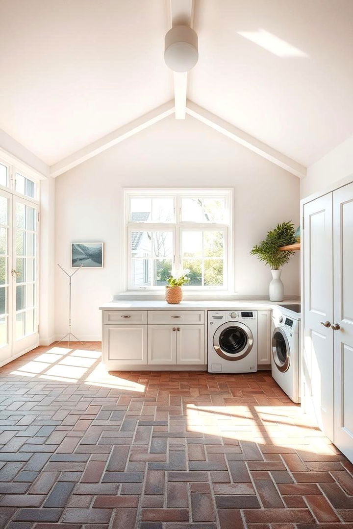 Open Plan Laundry with Abundant Natural Light - 22 Brick Floor Laundry Room Ideas