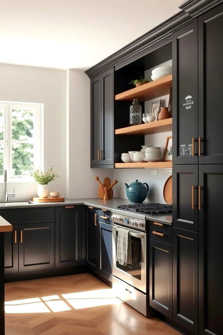 Open Shelf Combos - 22 Black Kitchen Cabinet Ideas