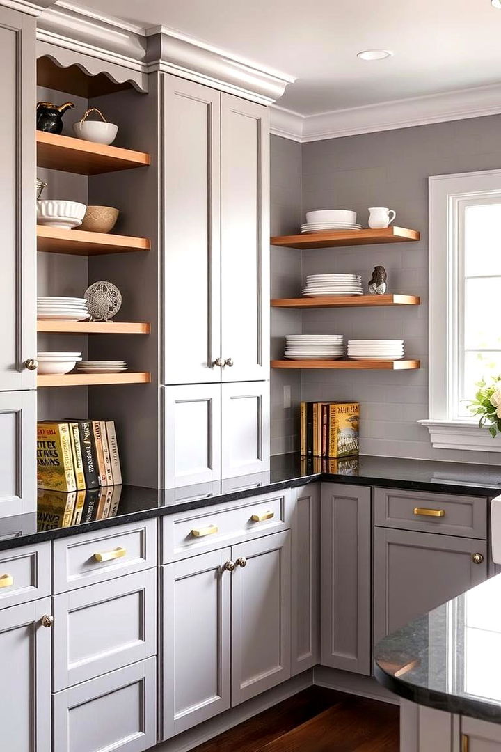 Open Shelving Accents - 22 Kitchen With Gray Cabinets And Black Countertops Ideas