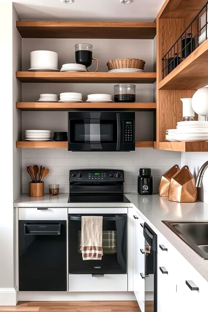 Open Shelving Elegance - 22 Small Kitchen with Black Appliances Ideas