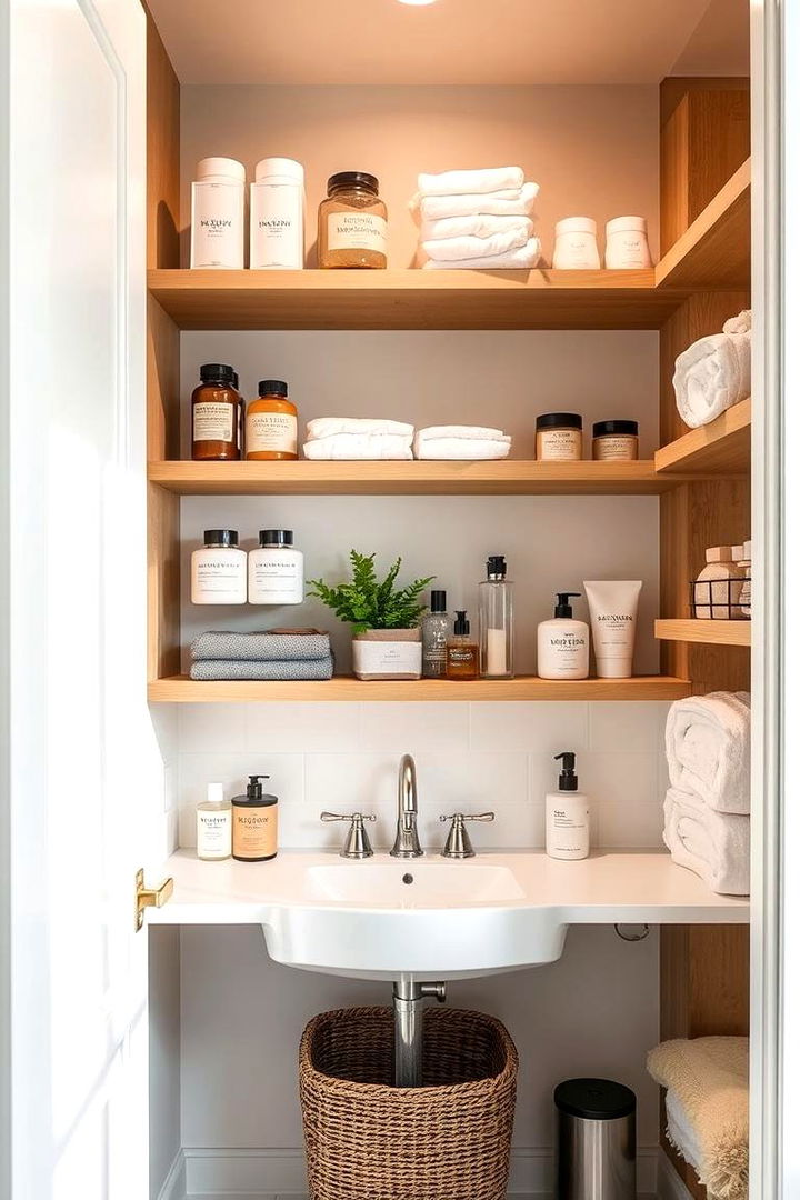Open Shelving for Quick Access Items - 22 Bathroom Closet Ideas