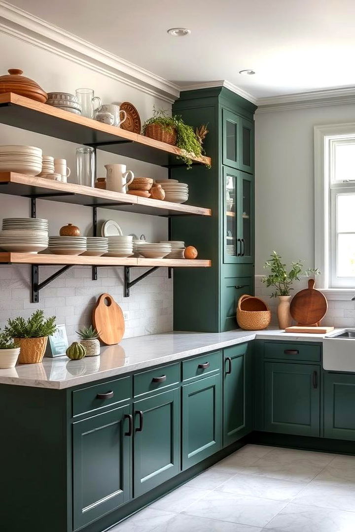 Open Shelving in Forest Green Style - 22 Forest Green Kitchen Ideas