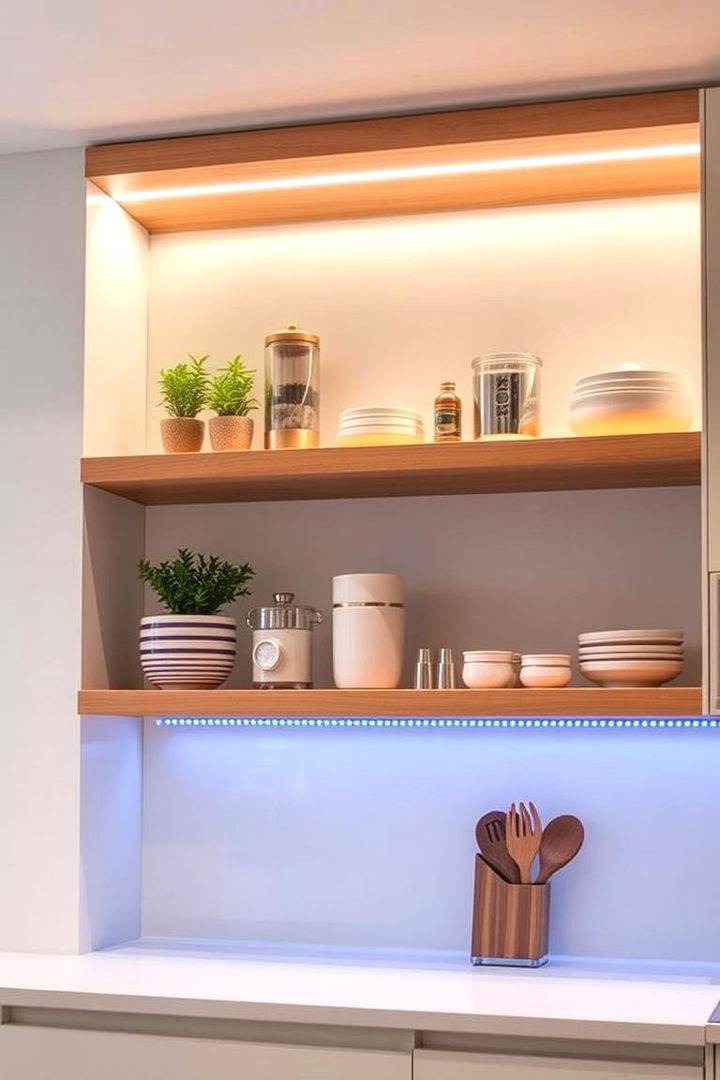 Open Shelving with Ambient Lighting - 22 Small Kitchen Lighting Ideas