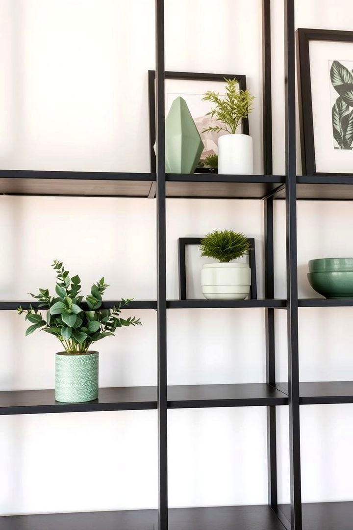 Open Shelving with Black Frames - 22 Sage Green and Black Kitchen Ideas