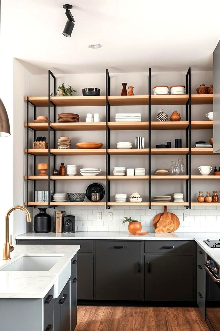 Open Shelving with Black Supports and Beige Shelves - 22 black and beige kitchen ideas