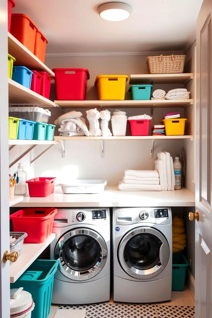 Open Shelving with Colorful Bins - 22 Laundry Room Shelving Ideas