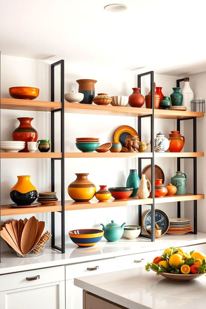 Open Shelving with Handcrafted Pottery - 22 Mexican Kitchen Ideas