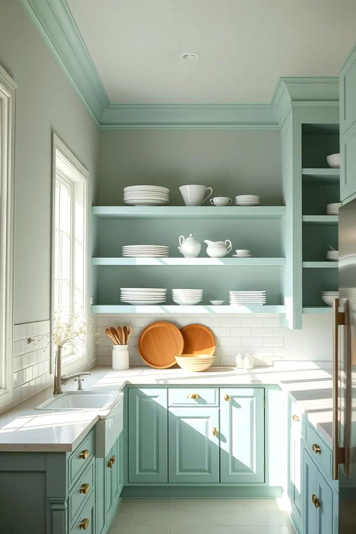 Open Shelving with Seafoam Hues - 22 Seafoam Green Kitchen Ideas