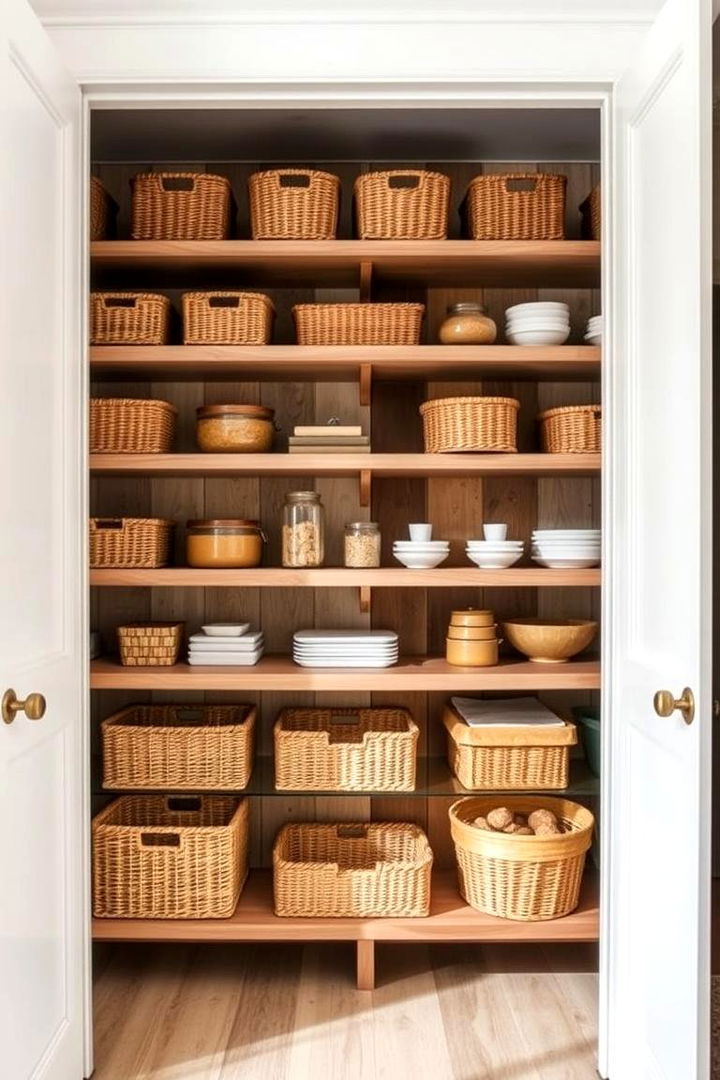 Open Shelving with Woven Baskets - 22 Walk in Pantry Ideas