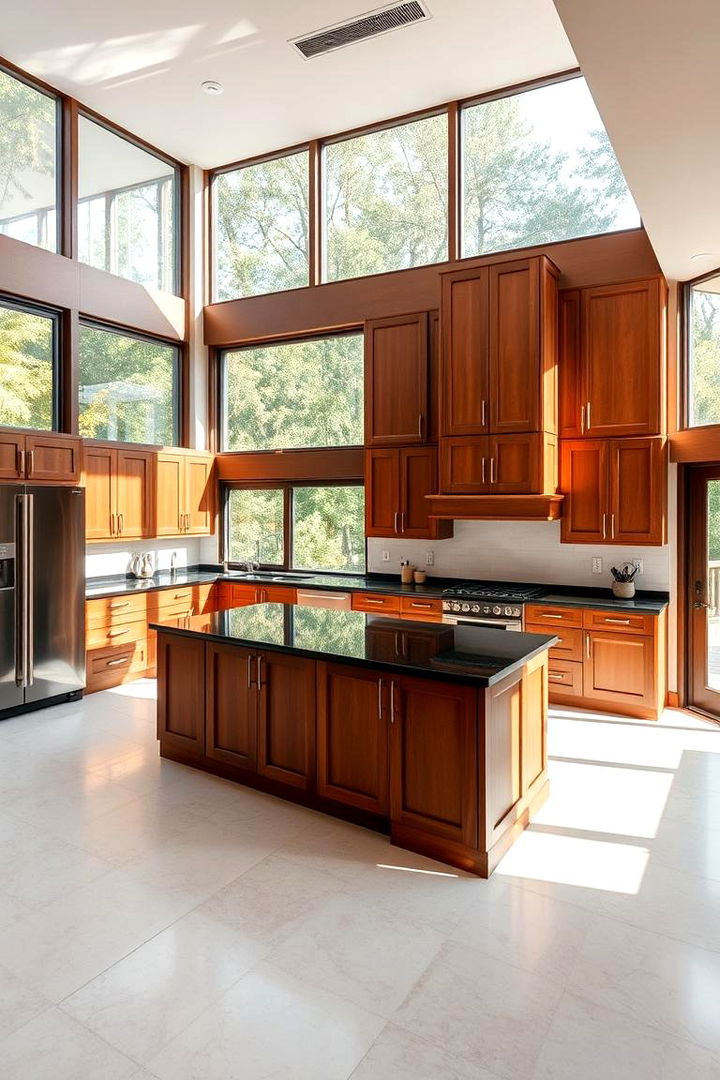 Open Space Integration - 22 kitchen with brown cabinets and black countertops ideas