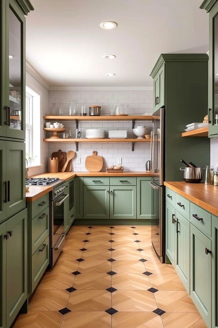 Optimized Storage Solutions - 22 Sage Green Kitchen Cabinets With Butcher Block Countertops