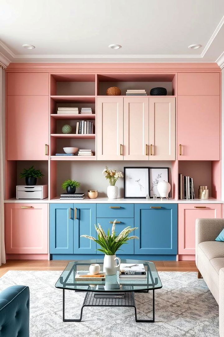 Optimized Storage and Color Harmony - 22 Pink and Blue Living Room Ideas