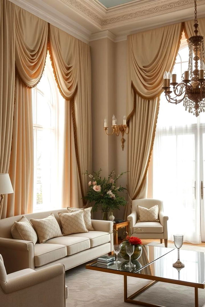 Opulent Window Treatments Drapes in Cream and Gold - 22 Cream and Gold Living Room Ideas