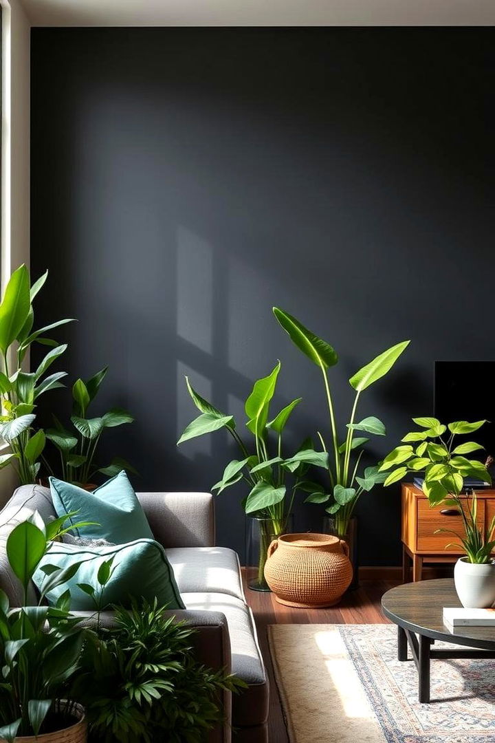 Organic Black Accent with Indoor Greenery - 22 Black Accent Wall Ideas